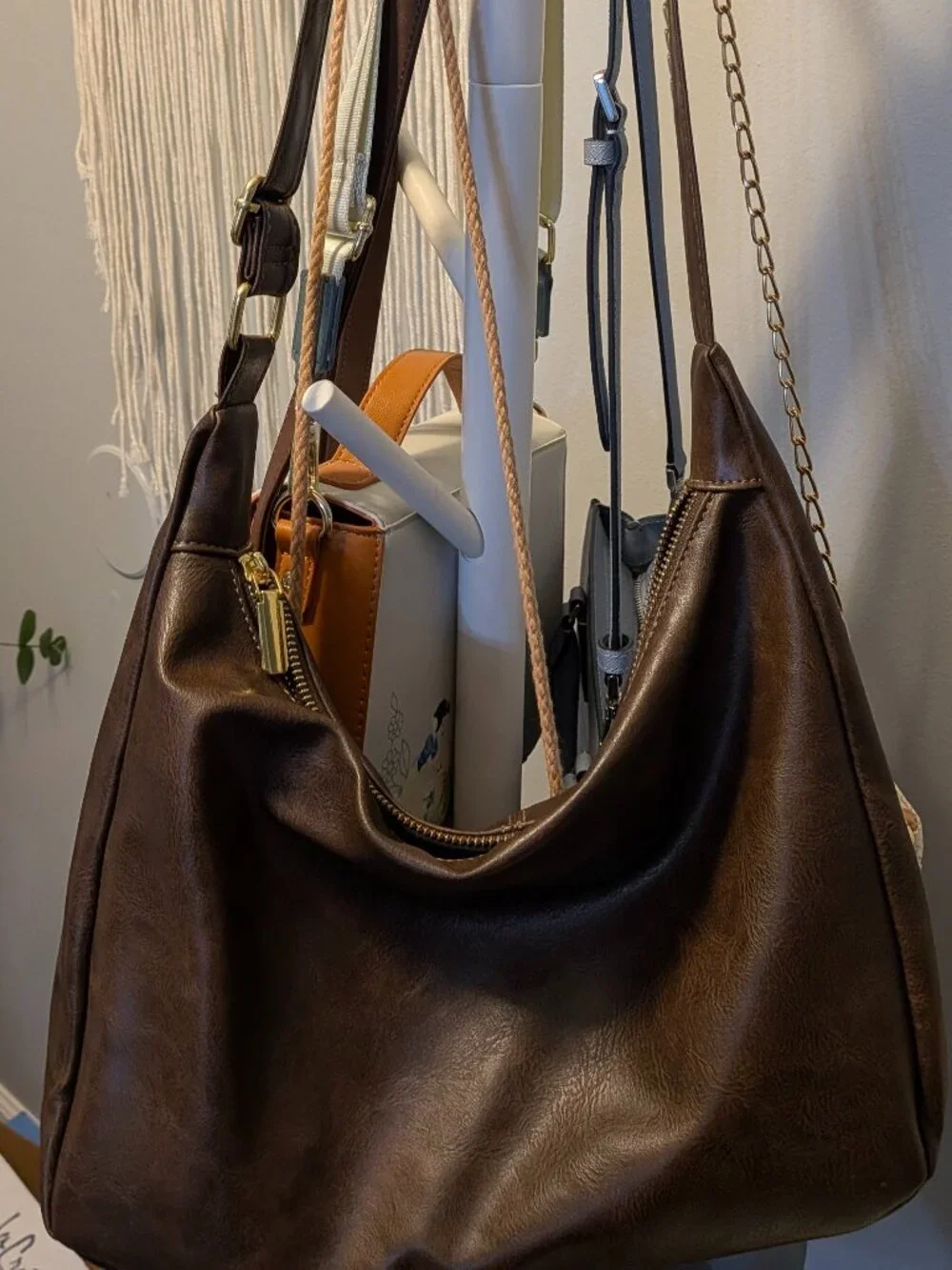 Dark Brown Slouchy Hobo Shoulder Bag Faux Leather Minimalist Everyday Purse